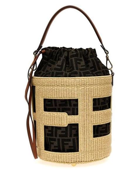 Fendi Step Out Straw and Canvas Medium Shoulder Bucket Bag.